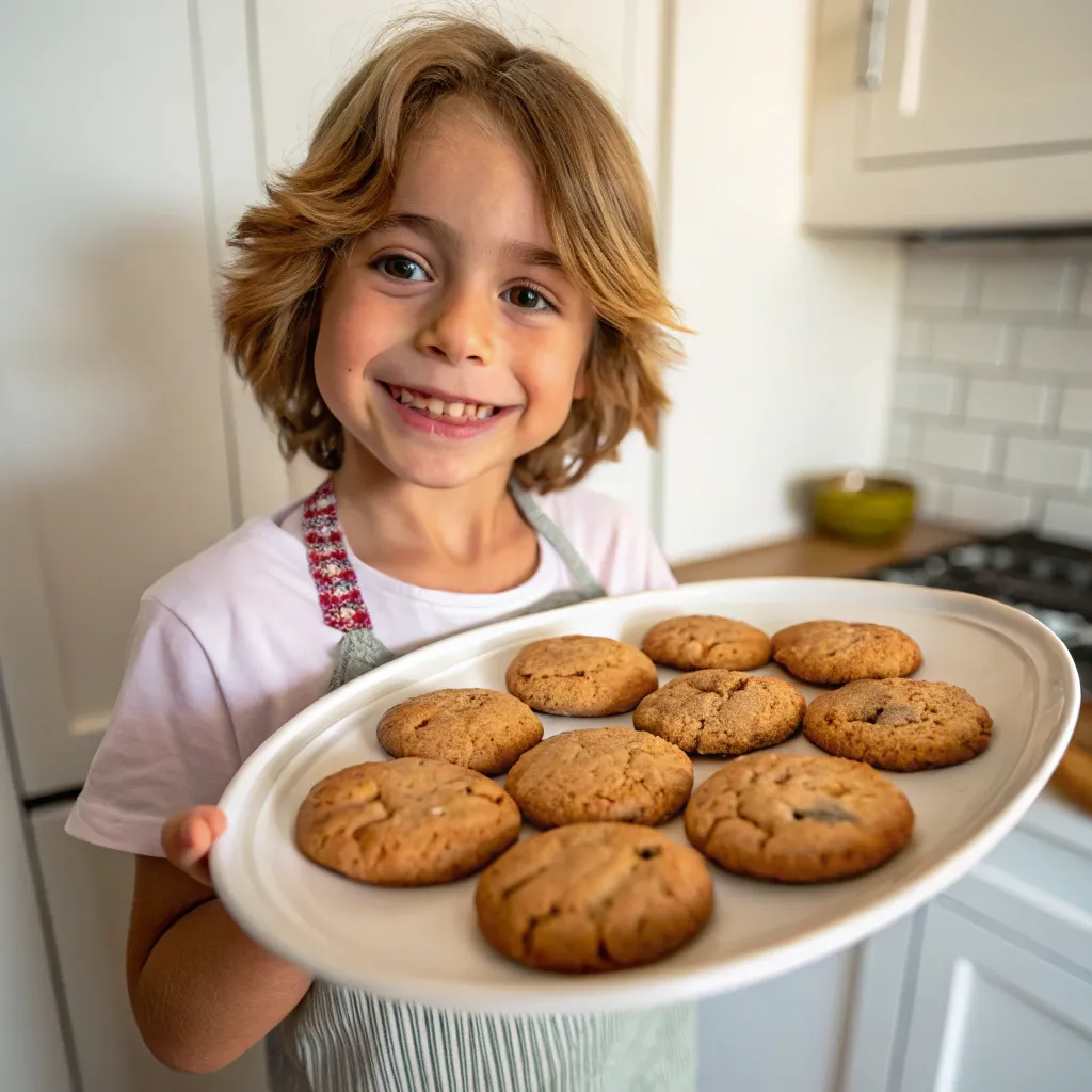 Child proudly displaying homemade cookies