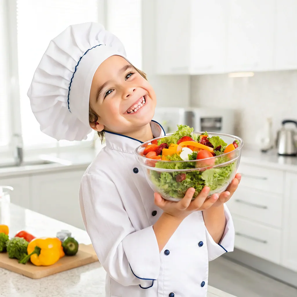 Happy child chef holding a bowl of salad